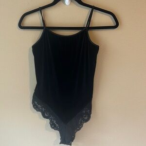 Victorias Secret Black Velvet Black Lace Spaghetti Strap Bodysuit size M